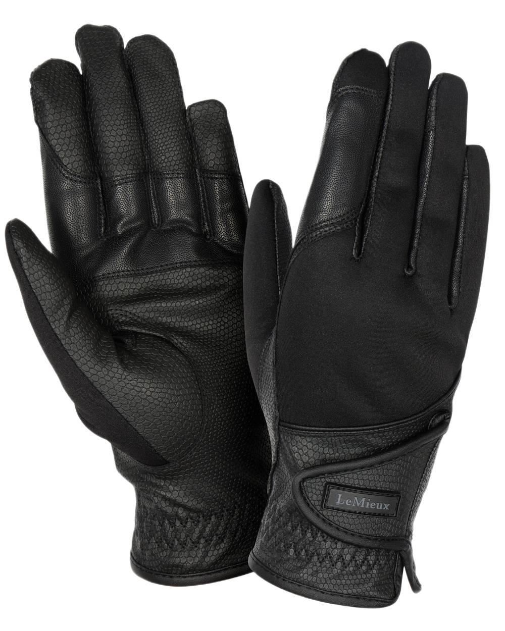 Black coloured LeMieux Hybrid Riding Gloves on white background