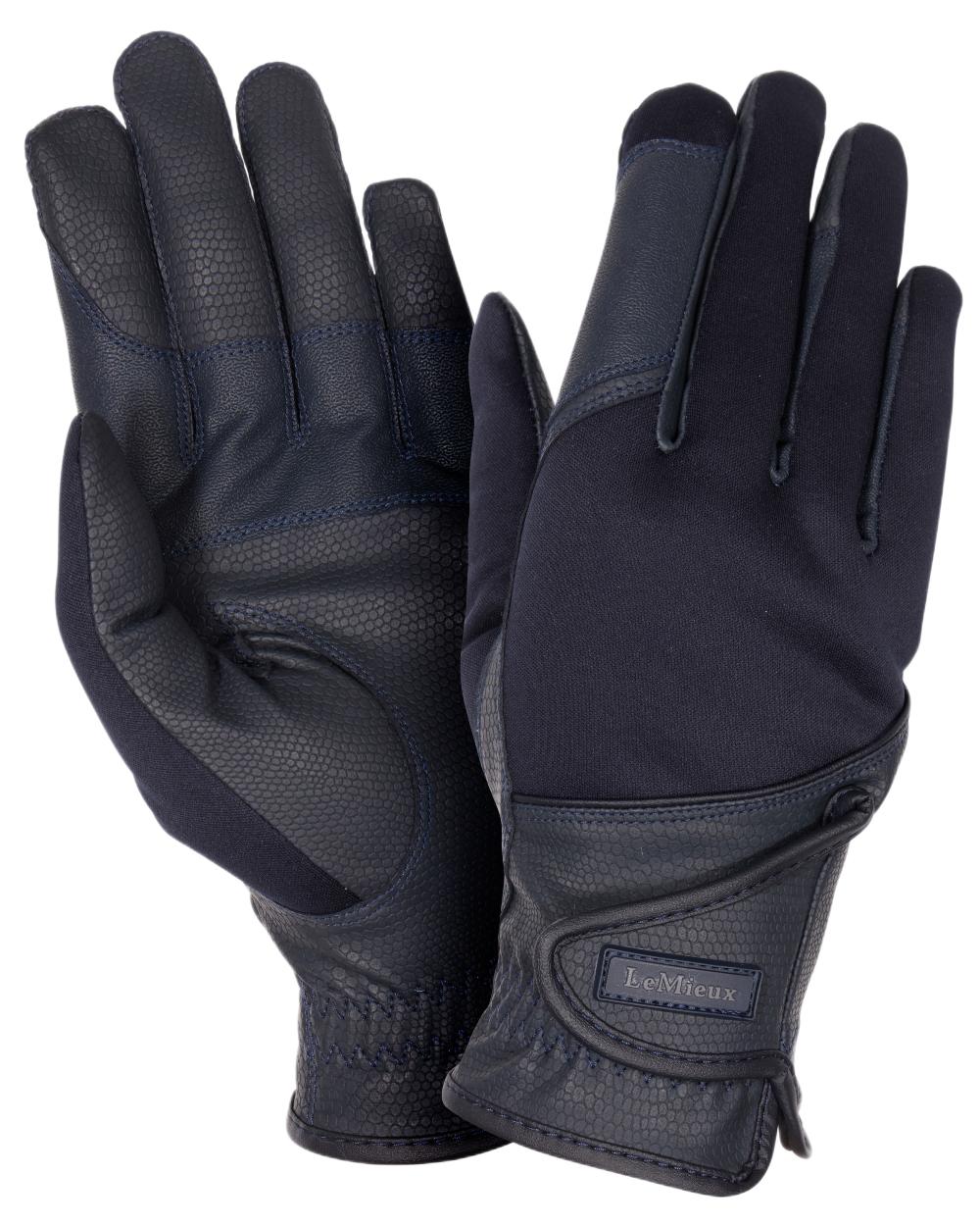 Navy coloured LeMieux Hybrid Riding Gloves on white background