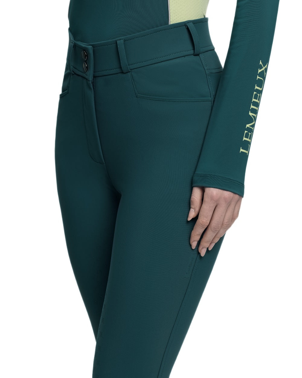 Jungle coloured LeMieux Isabelle Full Seat Breeches on white background