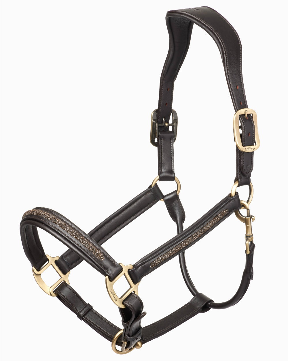 Brown coloured LeMieux Leather Crystal Headcollar on white background