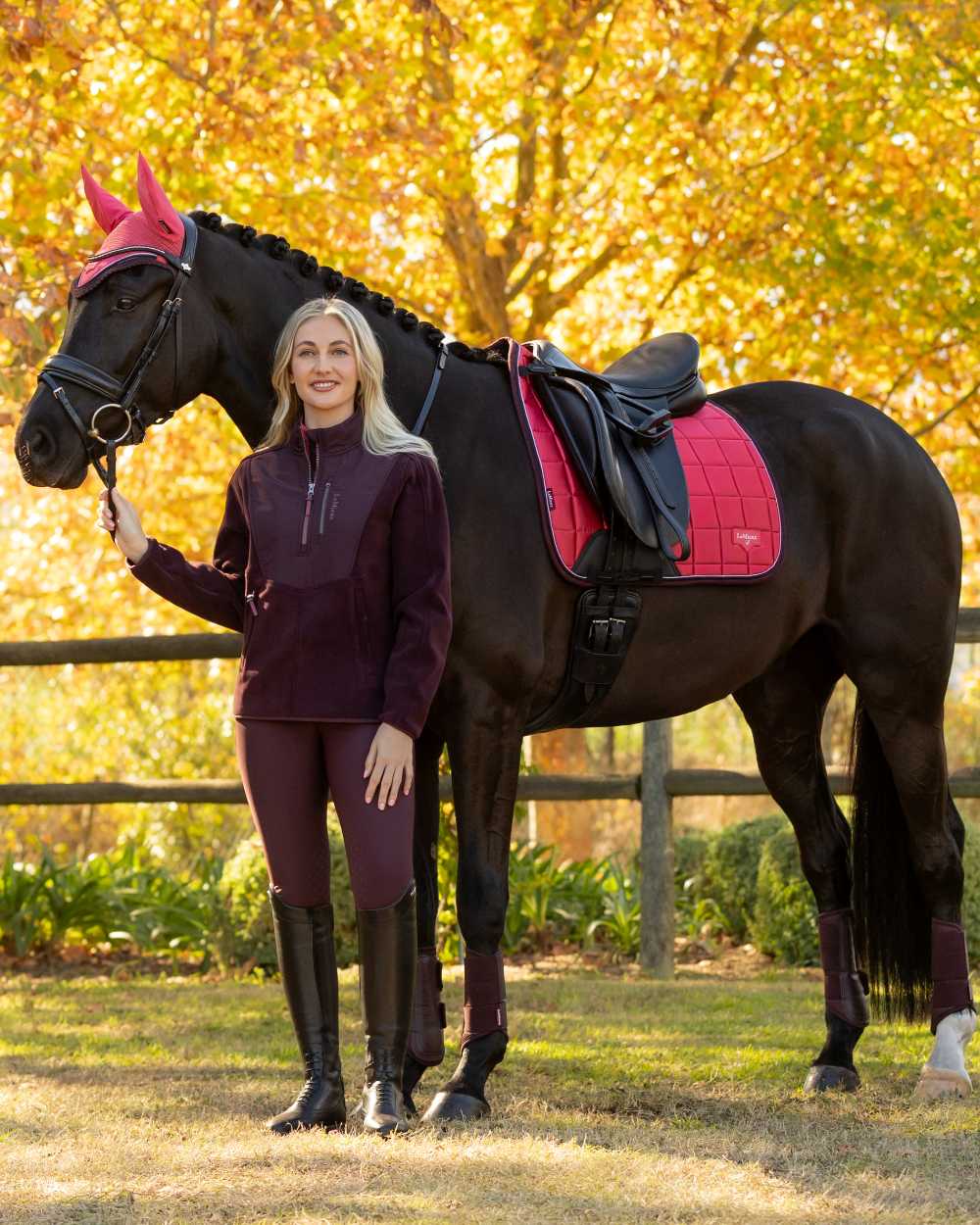 Cranberry coloured LeMieux Loire Dressage Square on tree background