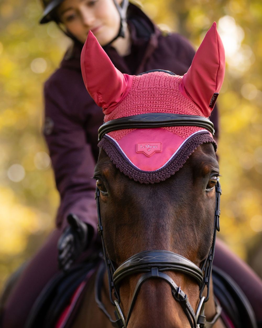 Cranberry coloured LeMieux Loire Fly Hood on blurry background