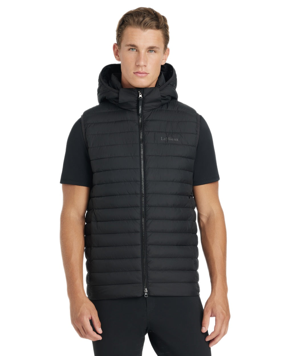 Black coloured LeMieux Mens Hooded Puffer Gilet on white background