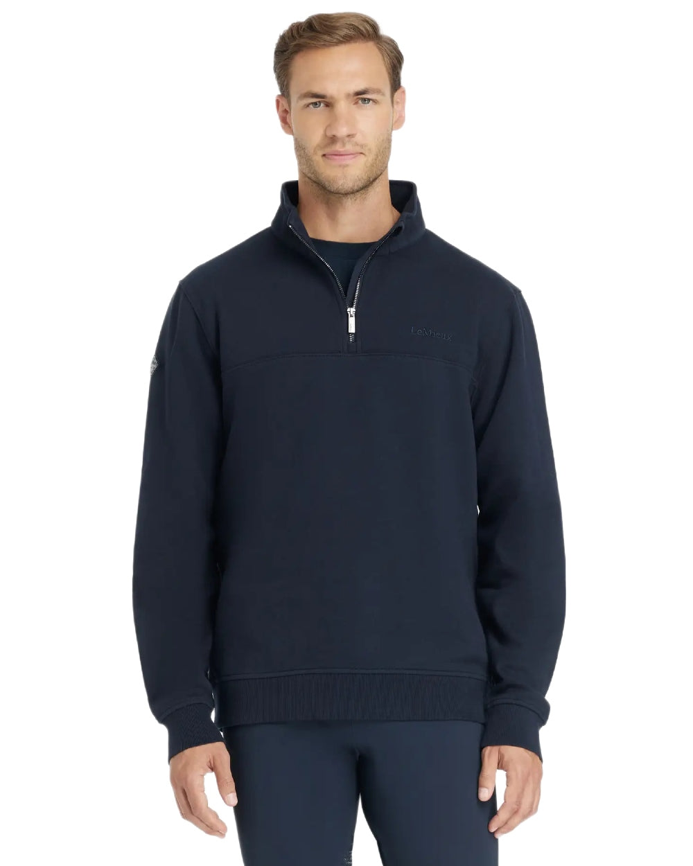 Navy coloured LeMieux Mens Quarter Neck Sweater on white background