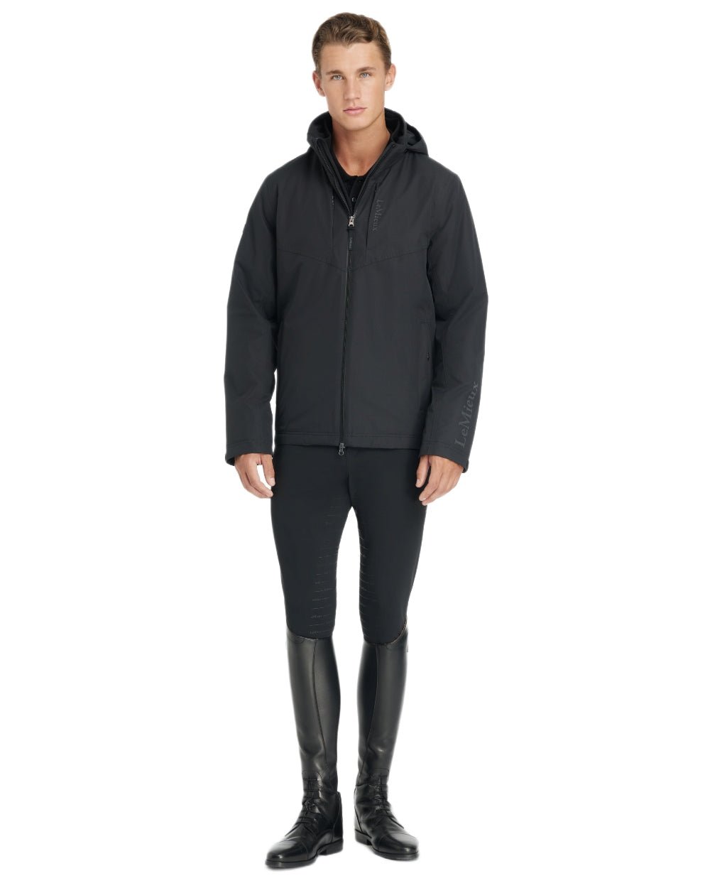 Black coloured LeMieux Mens Waterproof Team Jacket on white background