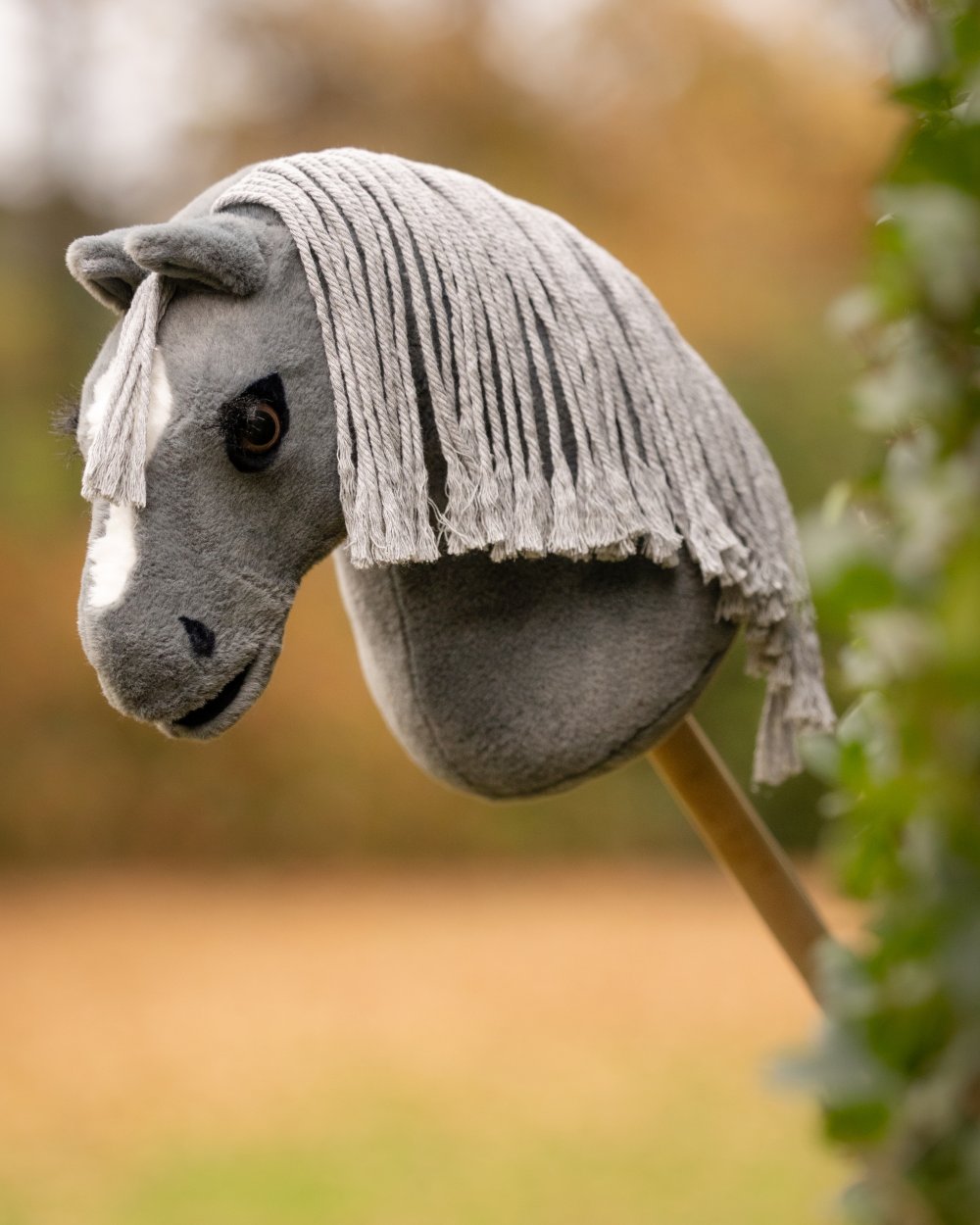 Smokey coloured LeMieux Mini Hobby Horse Smokey on outdoor background