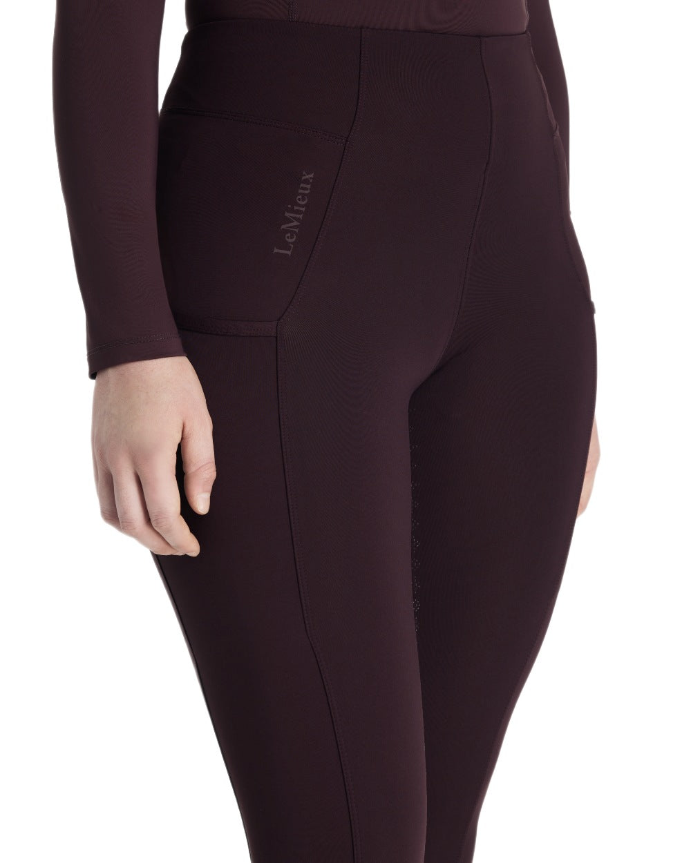 Damson coloured LeMieux Naomi Pull On Breeches on white background