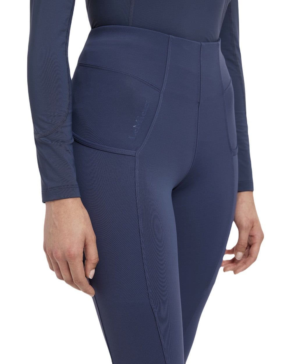 Dusk Blue coloured LeMieux Naomi Pull On Breeches on white background
