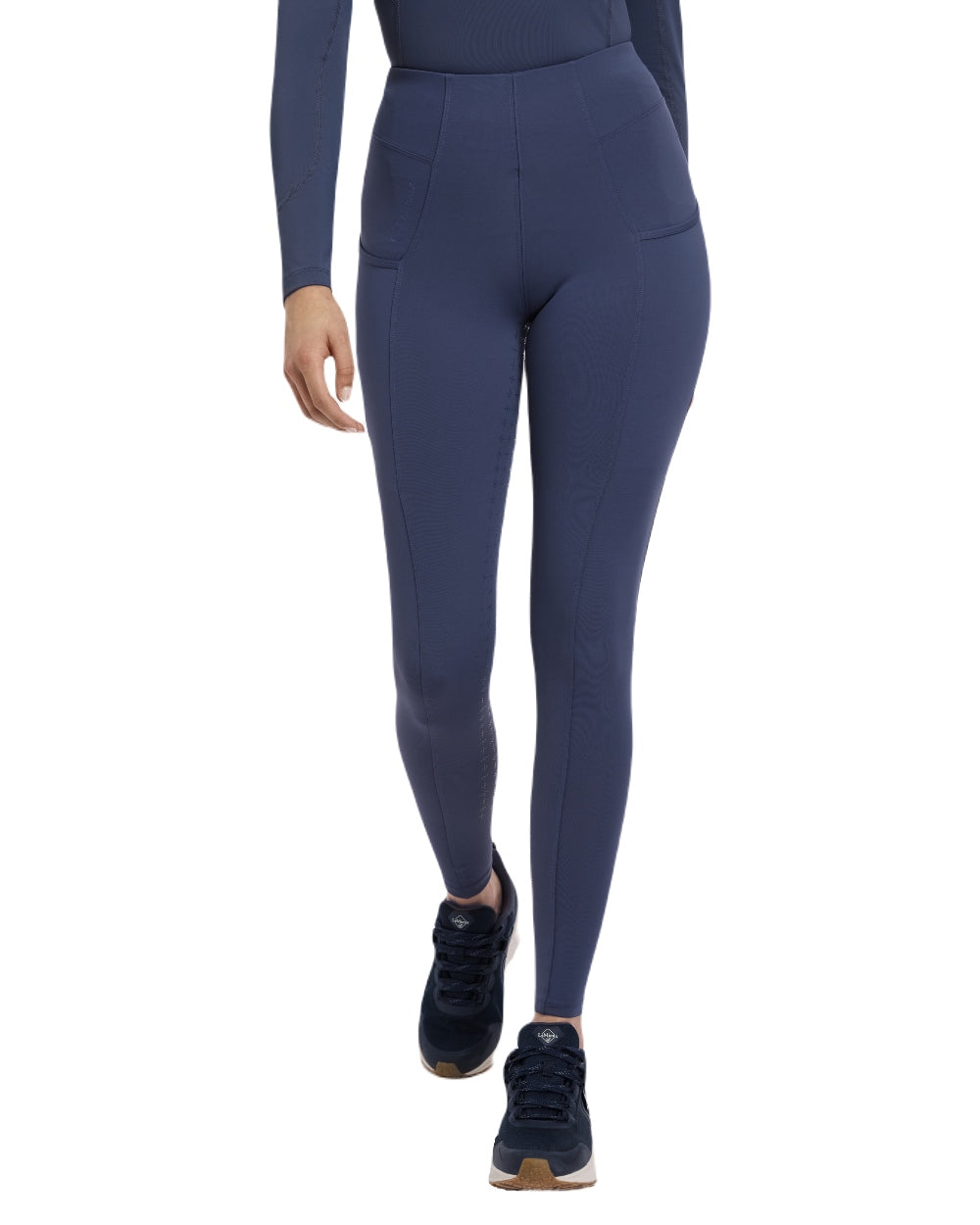 Dusk Blue coloured LeMieux Naomi Pull On Breeches on white background