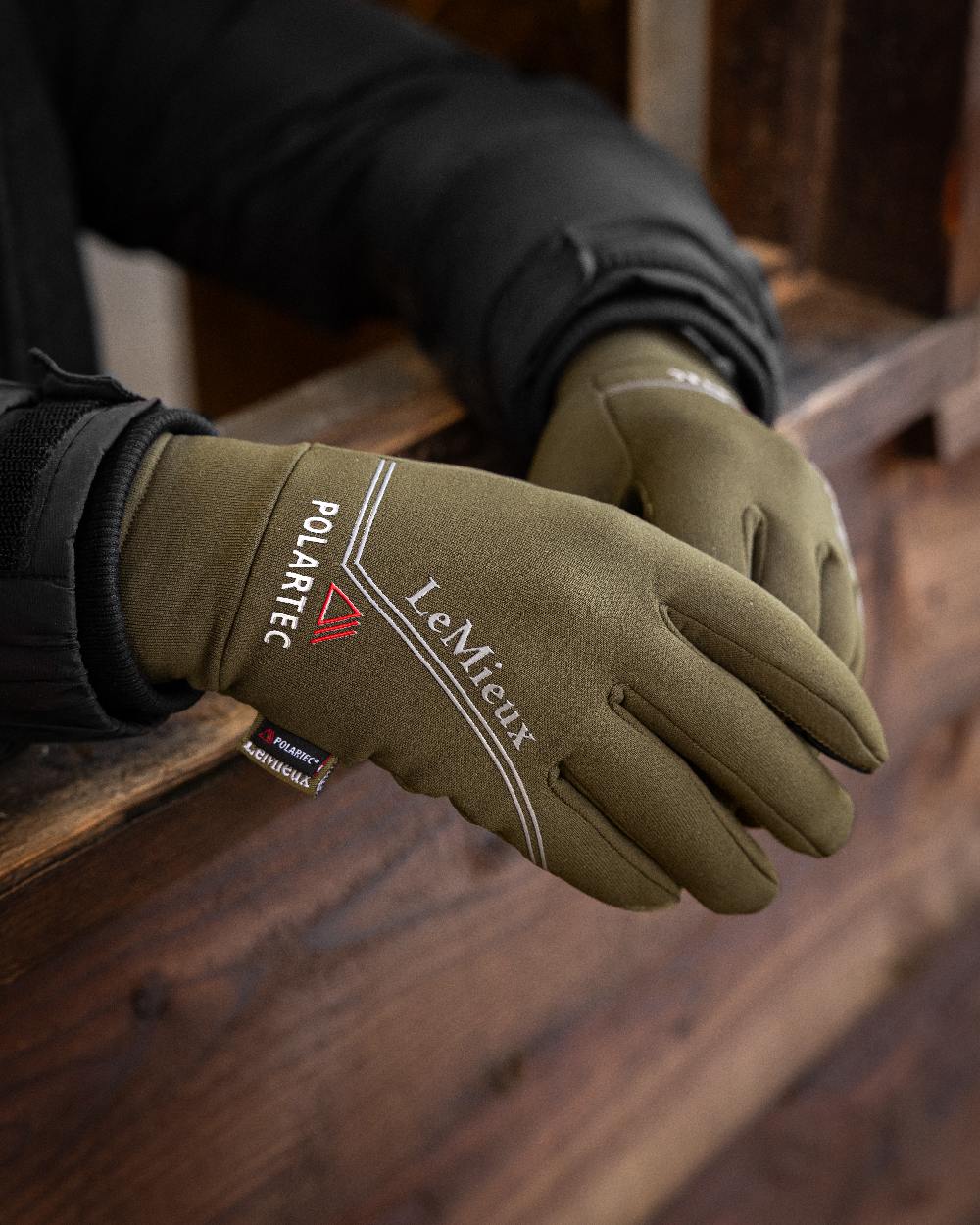 Alpine coloured LeMieux Polartec Gloves on wooden window background