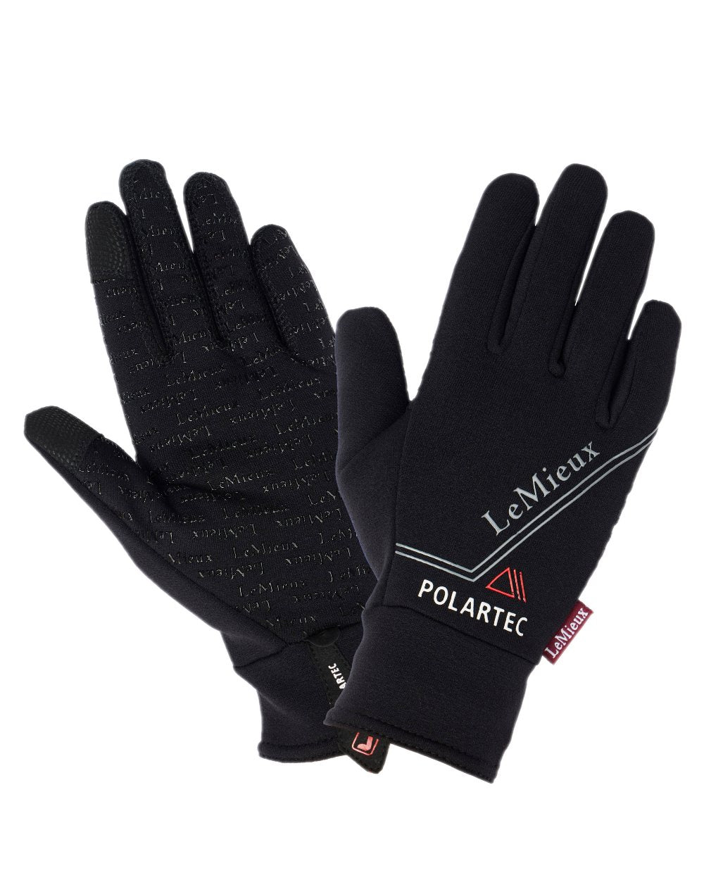 Black coloured LeMieux Polartec Gloves on white background