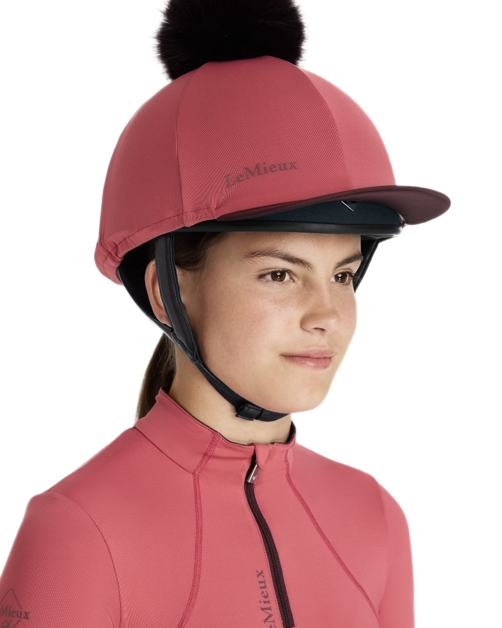 Cranberry coloured LeMieux Pom Hat Silk on white background