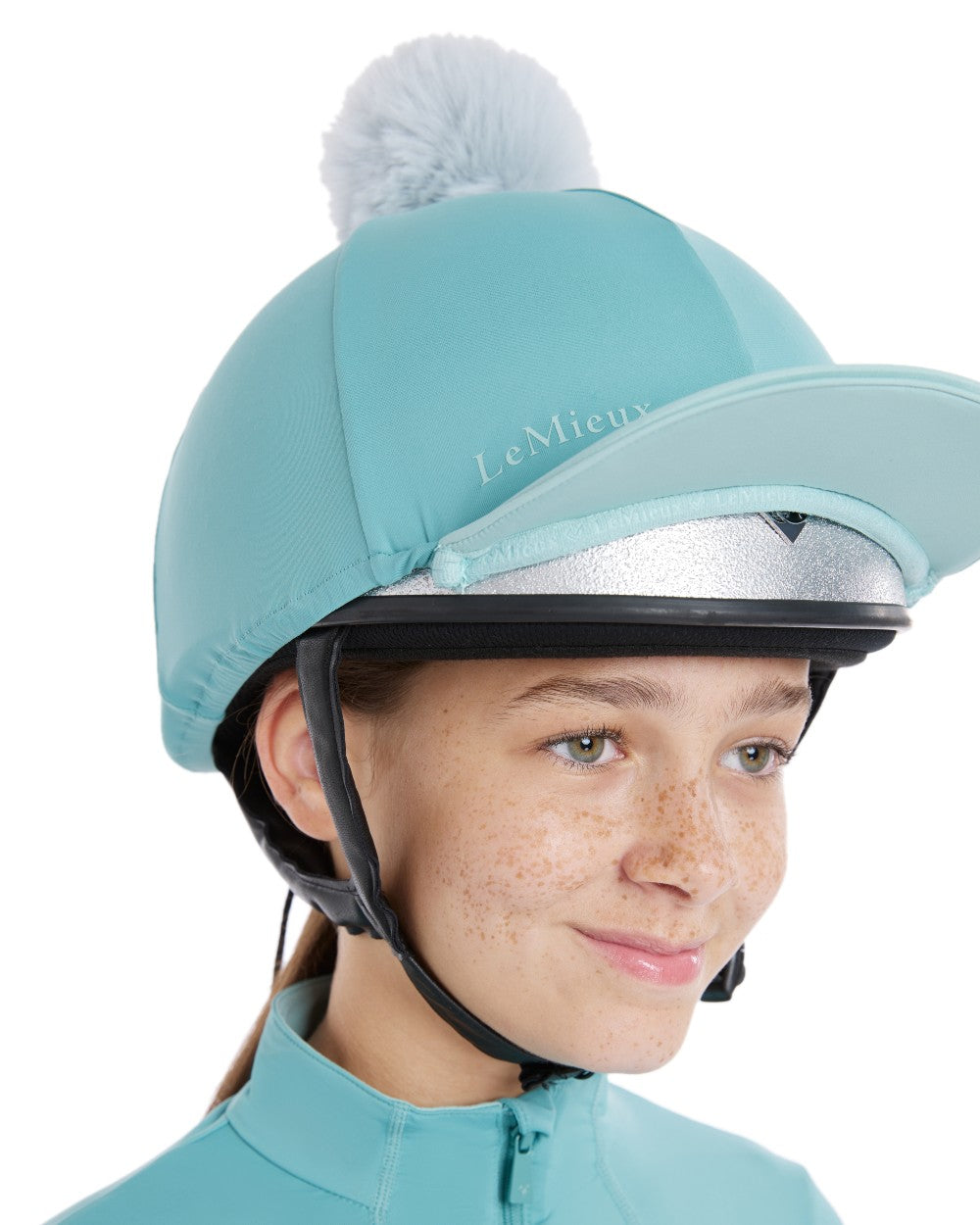 Lagoon Aqua coloured LeMieux Pom Hat Silk on white background