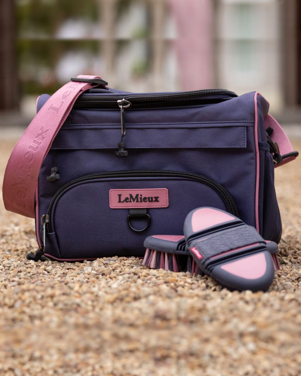 Dusk Blue coloured LeMieux ProKit Lite Grooming Bag on blurry background