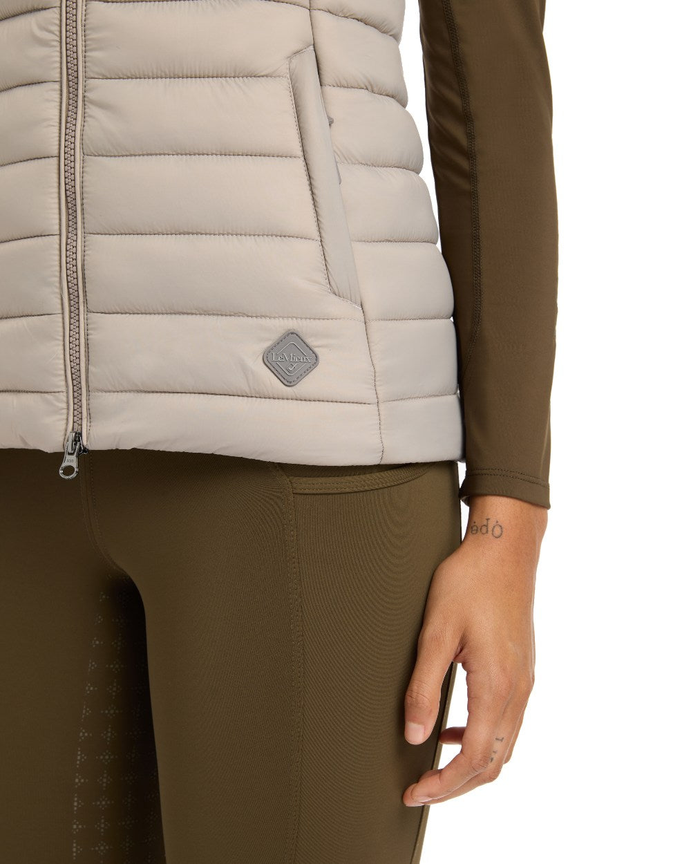 Ash coloured LeMieux Tilly Hooded Puffer Gilet on white background