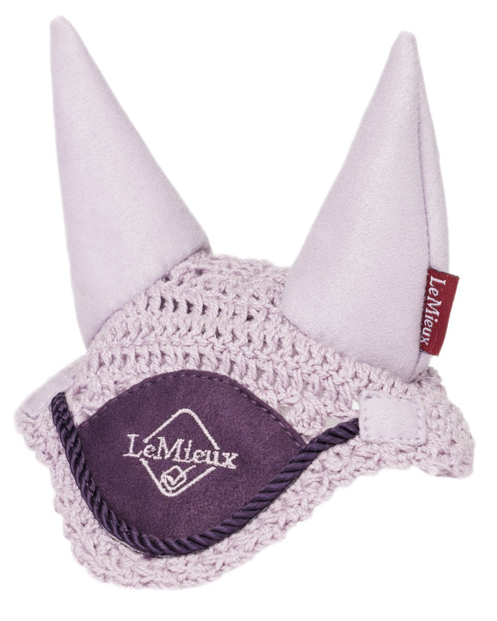 Lilac coloured LeMieux Toy Pony Fly Hood on white background
