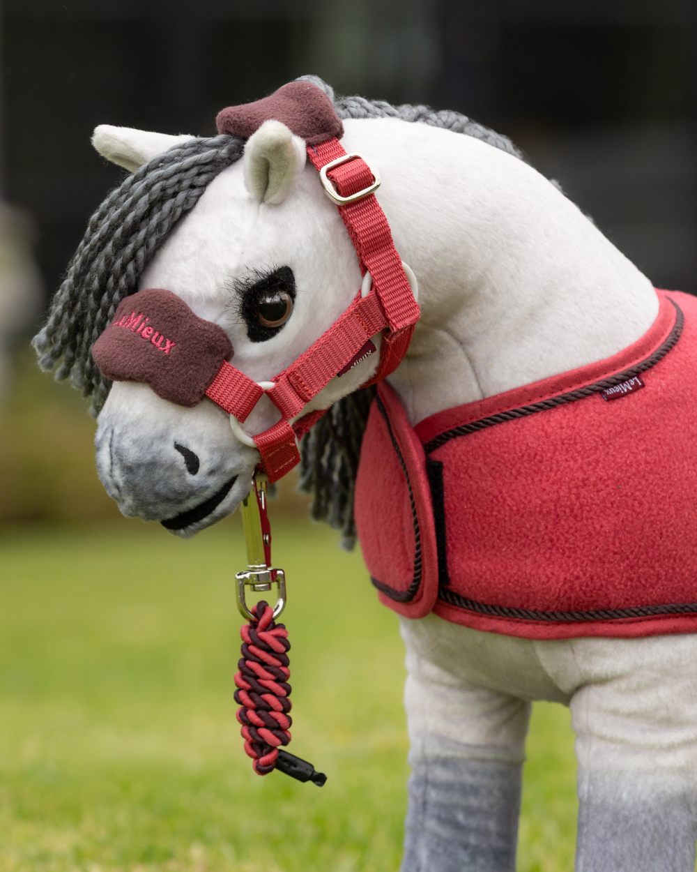 Cranberry coloured LeMieux Toy Pony Vogue Headcollar on grassy background