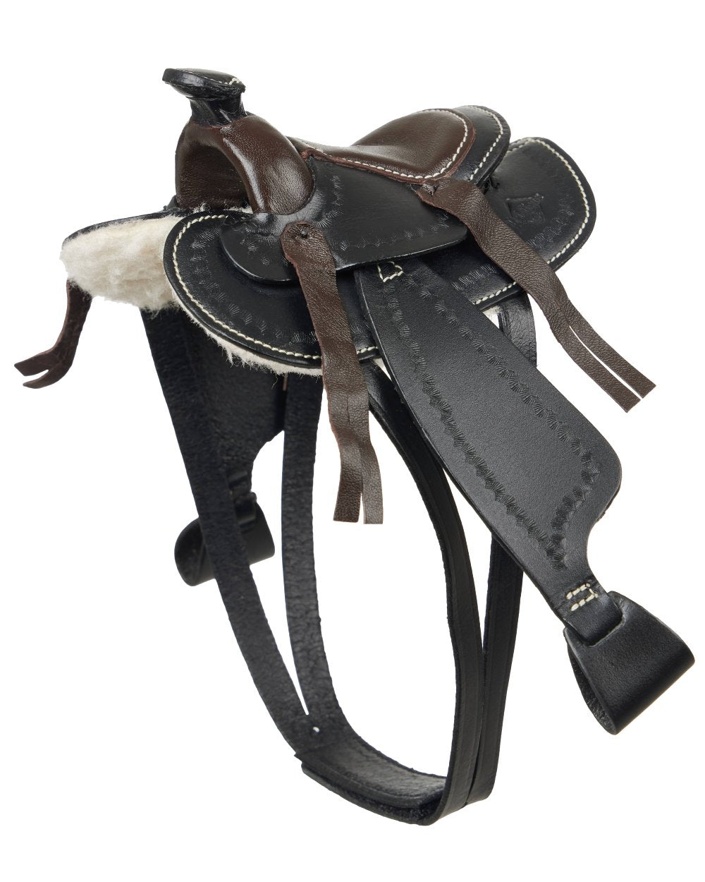 Black coloured LeMieux Toy Pony Western Saddle on white background