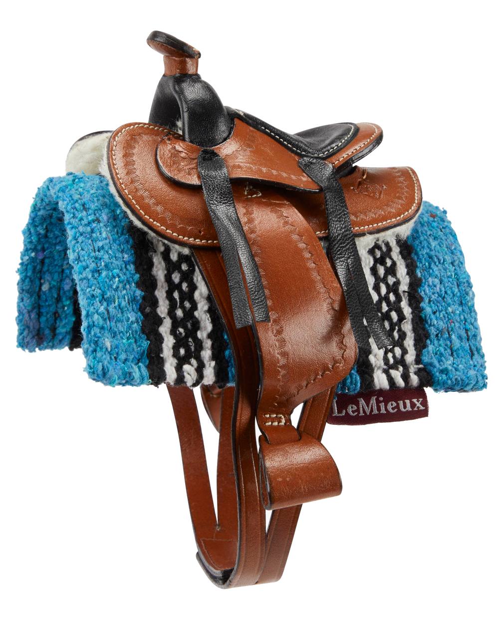 Tan coloured LeMieux Toy Pony Western Saddle on white background