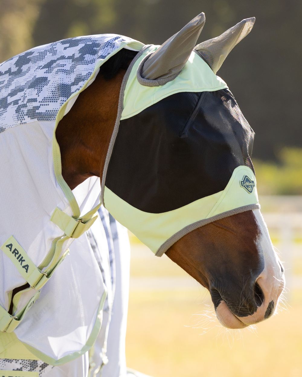 Macaron coloured LeMieux Visor-Tek Half Fly Mask on outdoor background