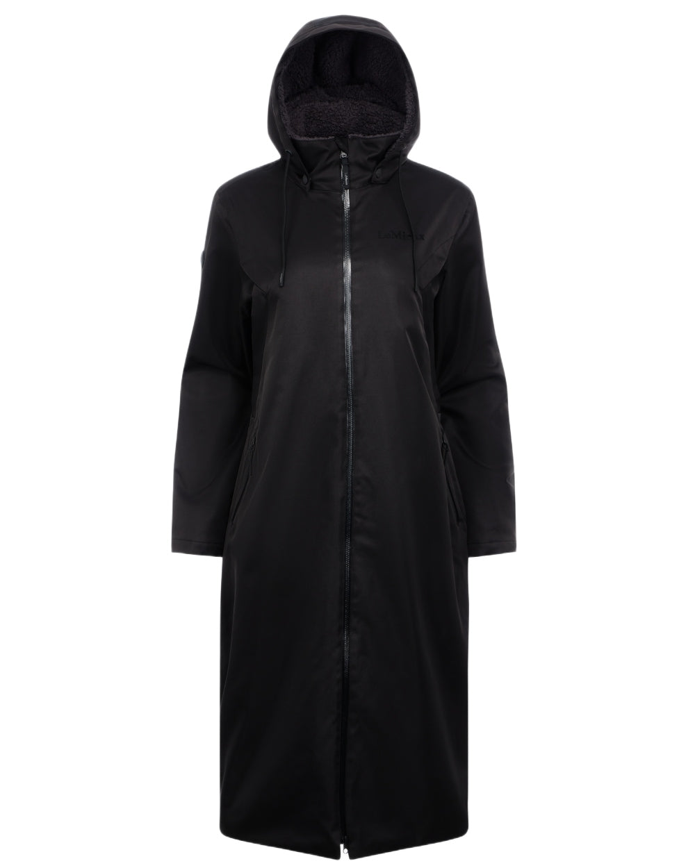 Black coloured LeMieux Womens All Elements Robe Coat on white background