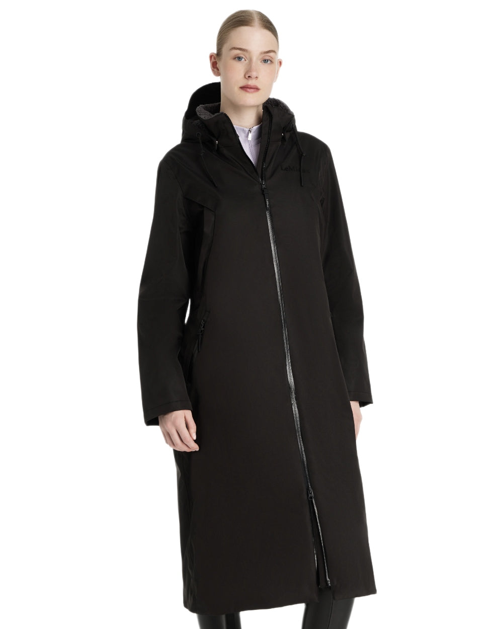 Black coloured LeMieux Womens All Elements Robe Coat on white background