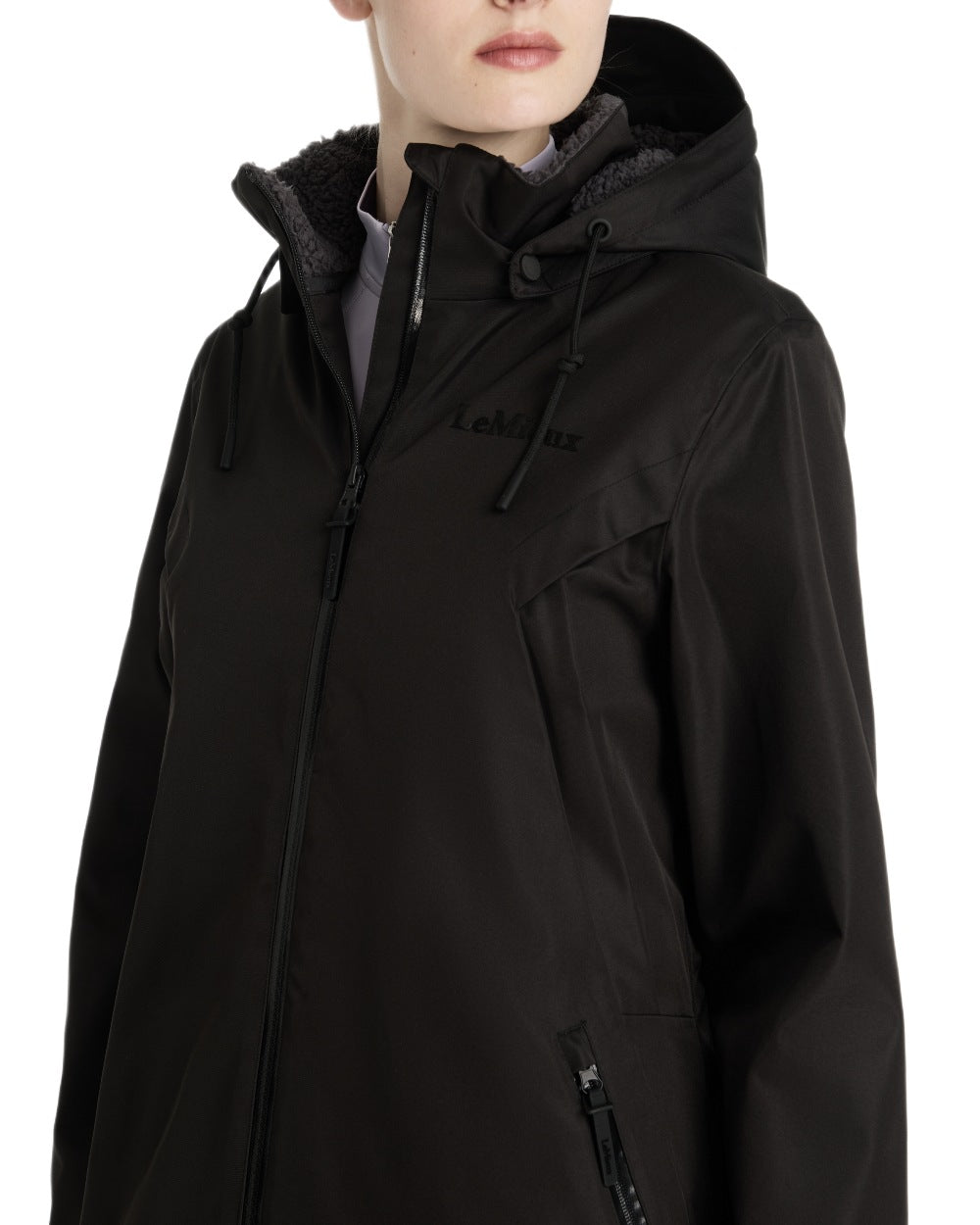 Black coloured LeMieux Womens All Elements Robe Coat on white background