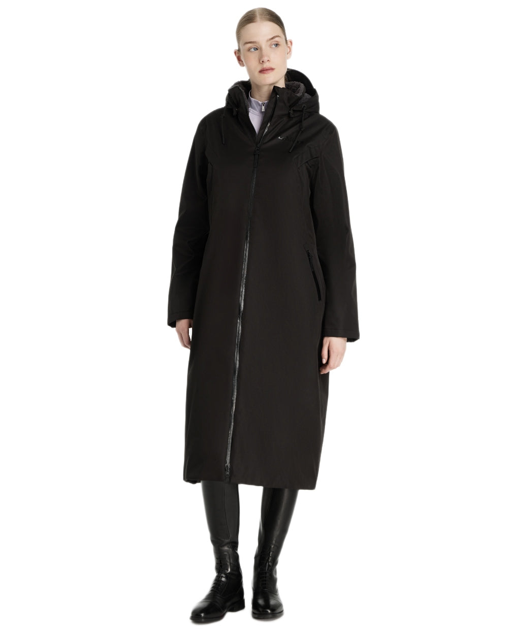 Black coloured LeMieux Womens All Elements Robe Coat on white background