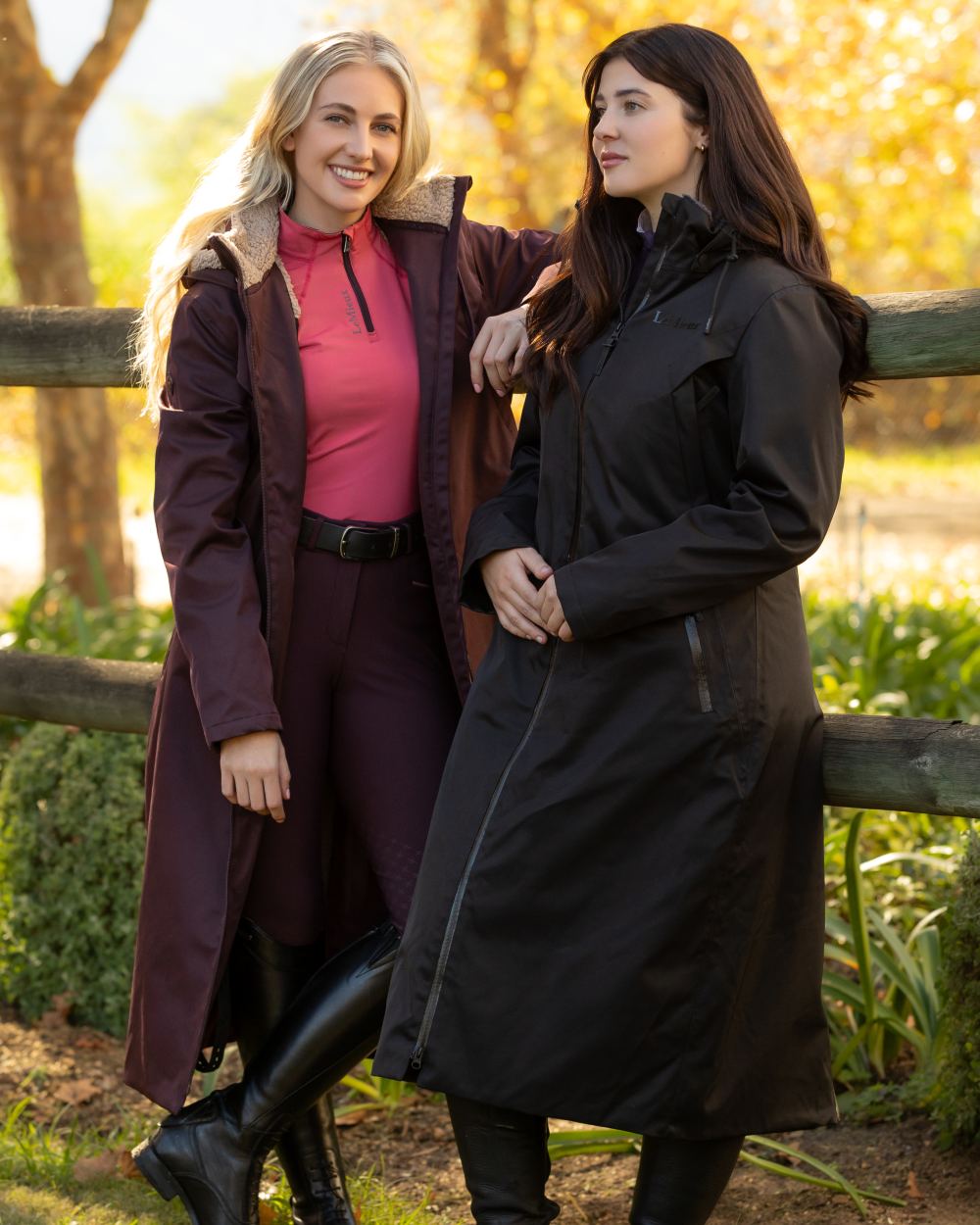 Damson coloured LeMieux Womens All Elements Robe Coat on outdoor background