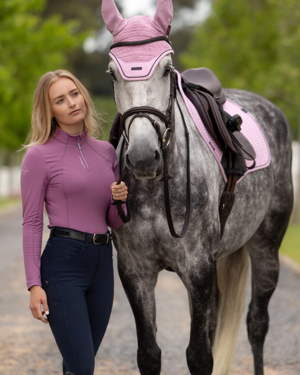 Mallow coloured LeMieux Womens Classique Base Layer on outdoor background