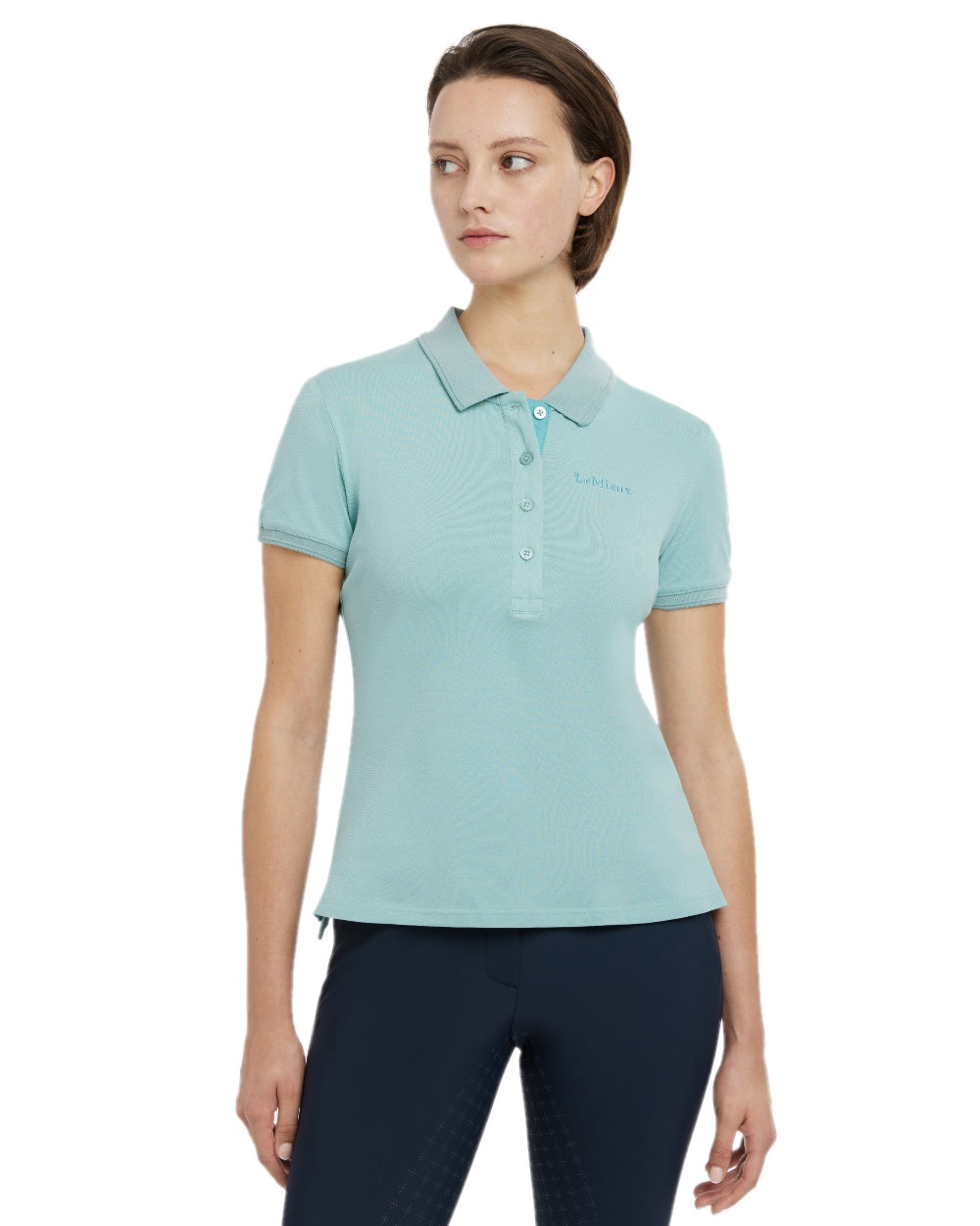 Aqua coloured LeMieux Womens Classique Polo Shirt on white background