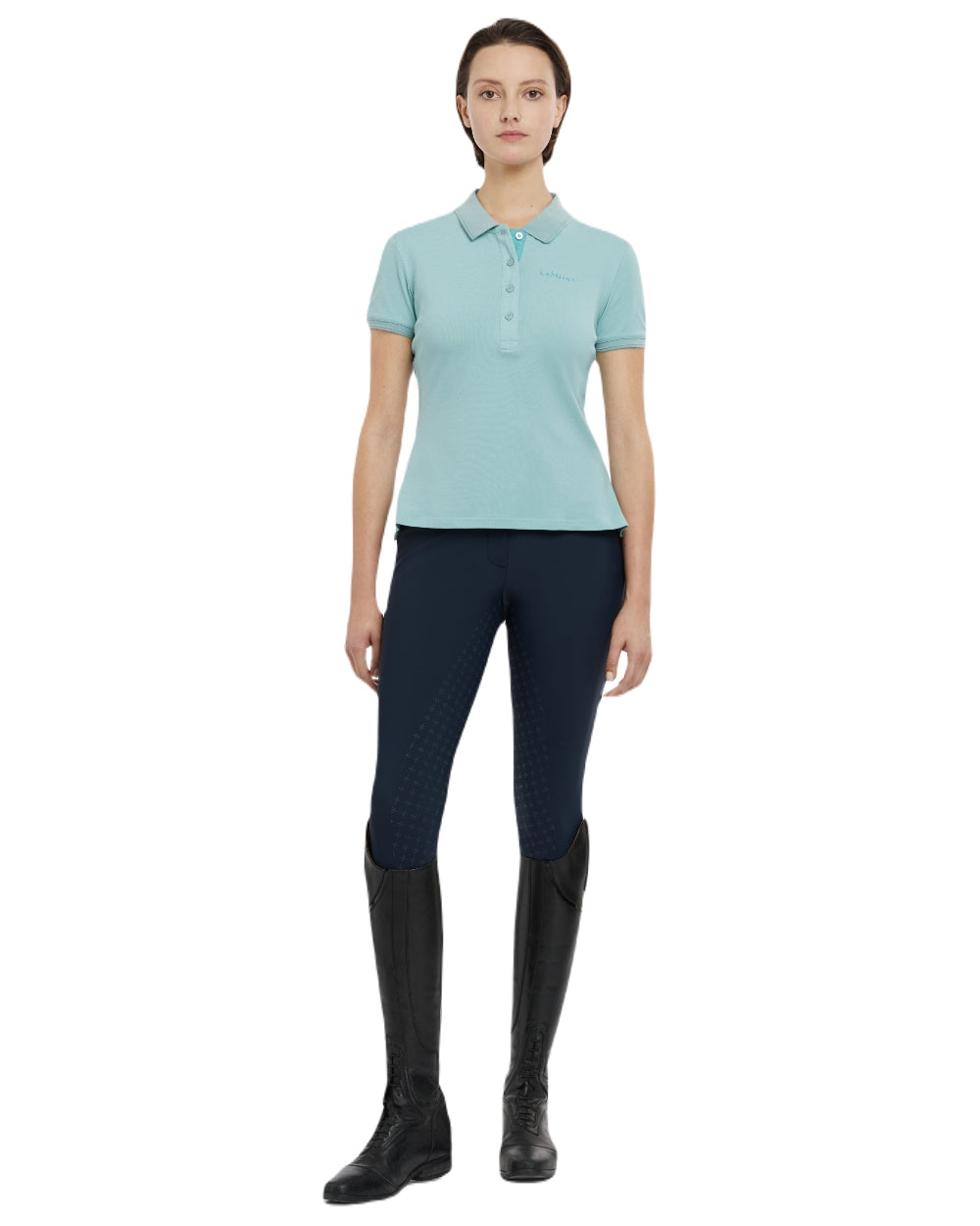 Aqua coloured LeMieux Womens Classique Polo Shirt on white background