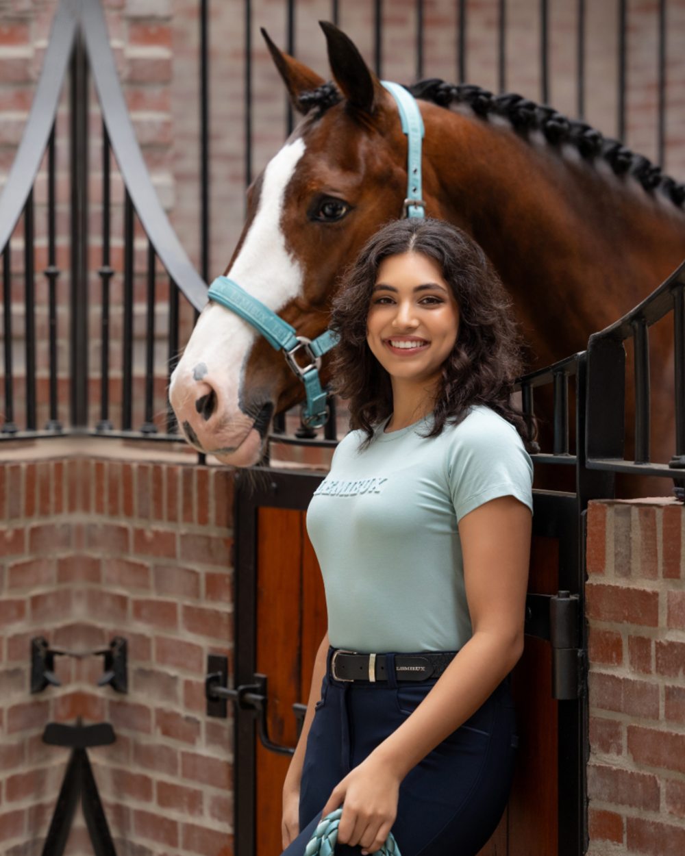 Aqua coloured LeMieux Womens Classique T-Shirt on stable background