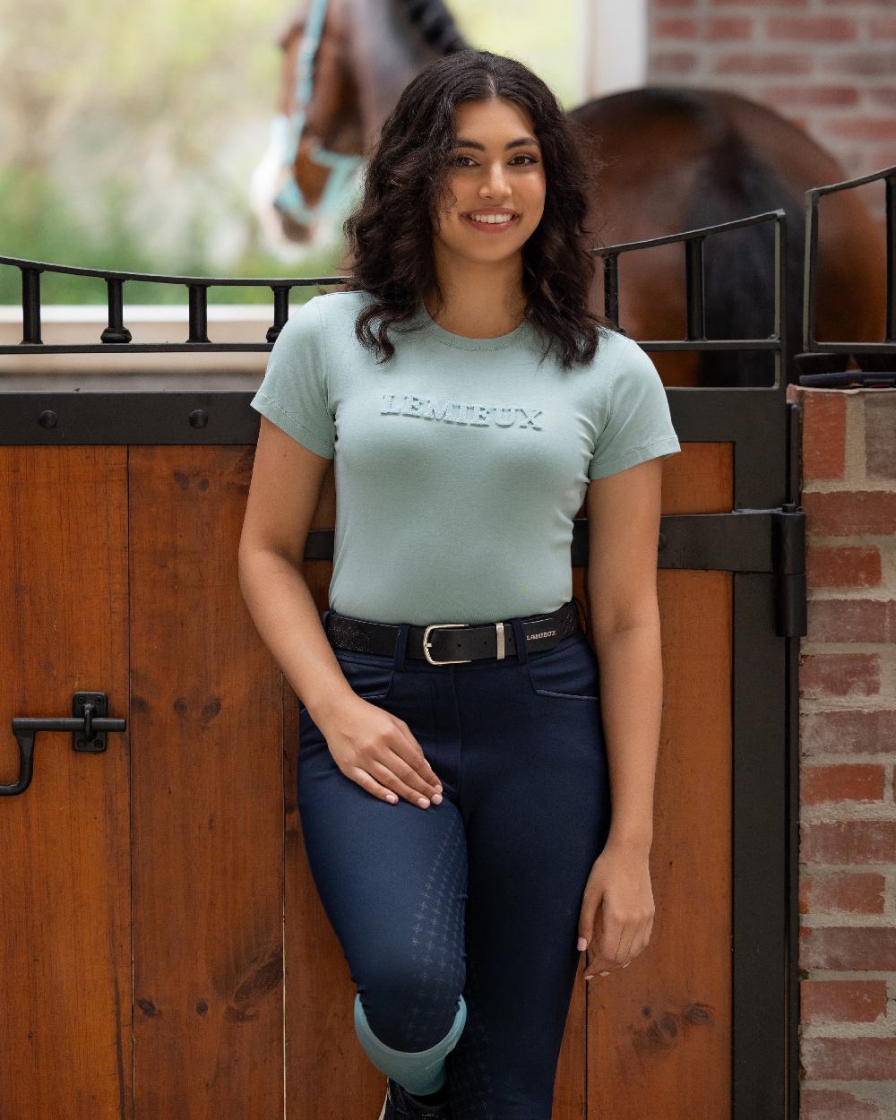 Aqua coloured LeMieux Womens Classique T-Shirt on stable background
