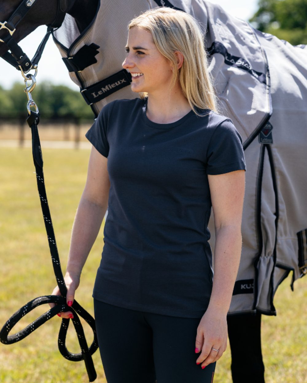 Navy coloured LeMieux Womens Classique T-Shirt on outdoor background