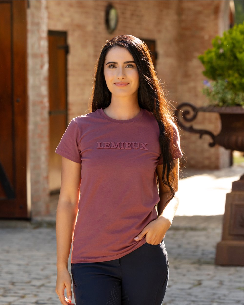 Rosewood coloured LeMieux Womens Classique T-Shirt on street background