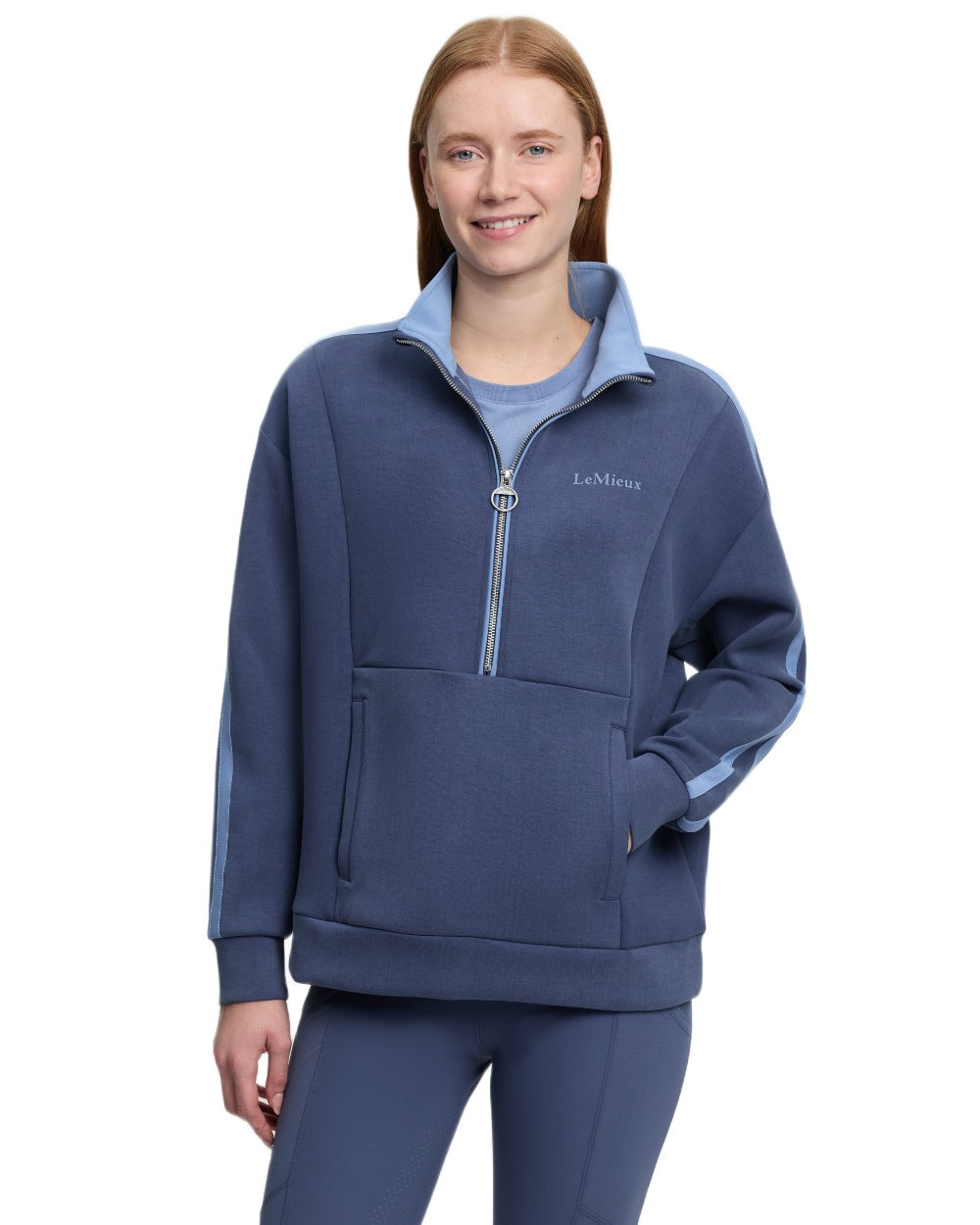 Navy coloured LeMieux Womens Connie Half Zip Sweatshirt on white background