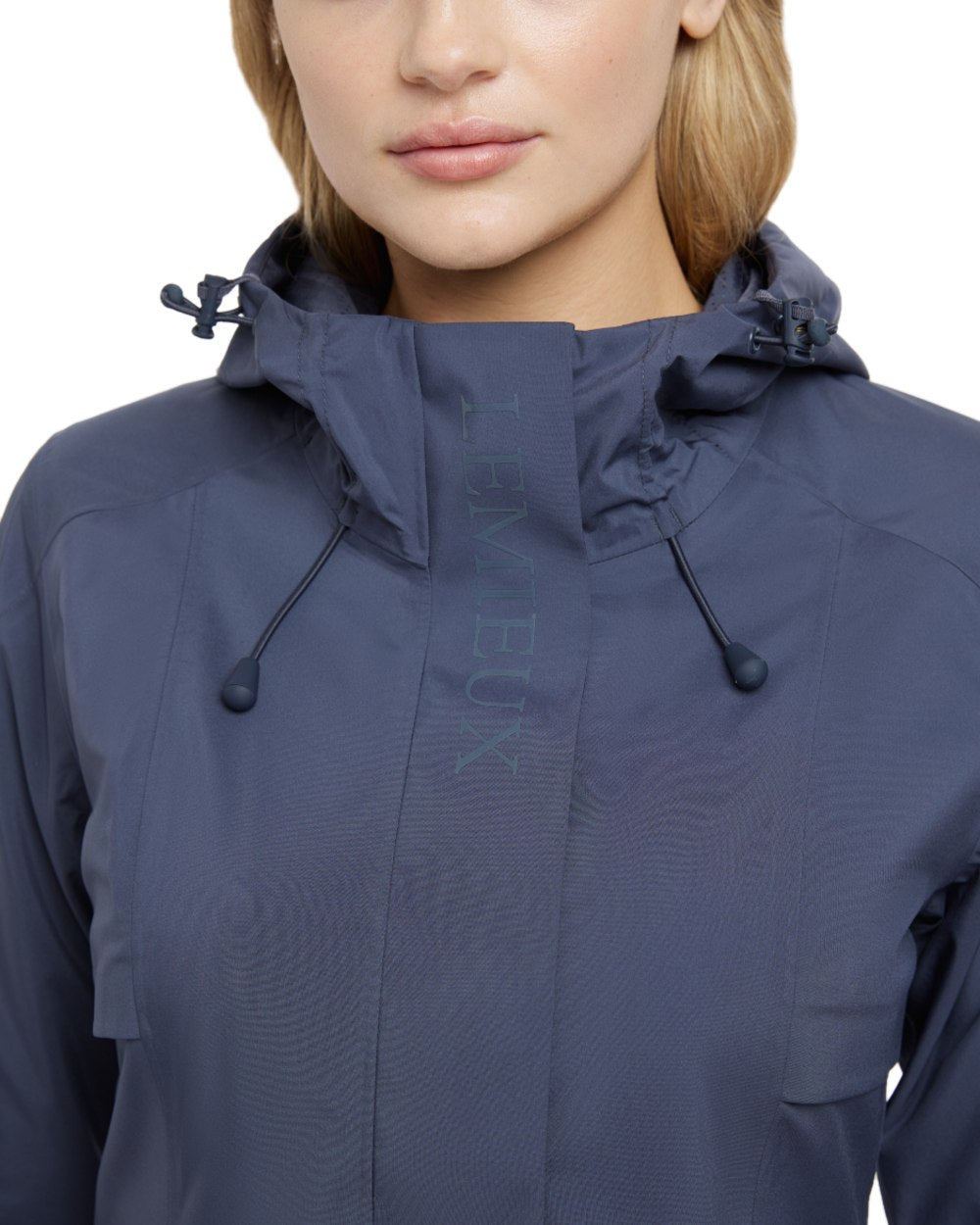 Dusk Blue coloured LeMieux Womens Grace Long Rain Jacket on white background