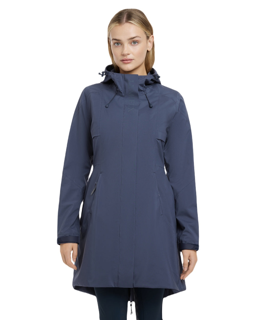 Dusk Blue coloured LeMieux Womens Grace Long Rain Jacket on white background