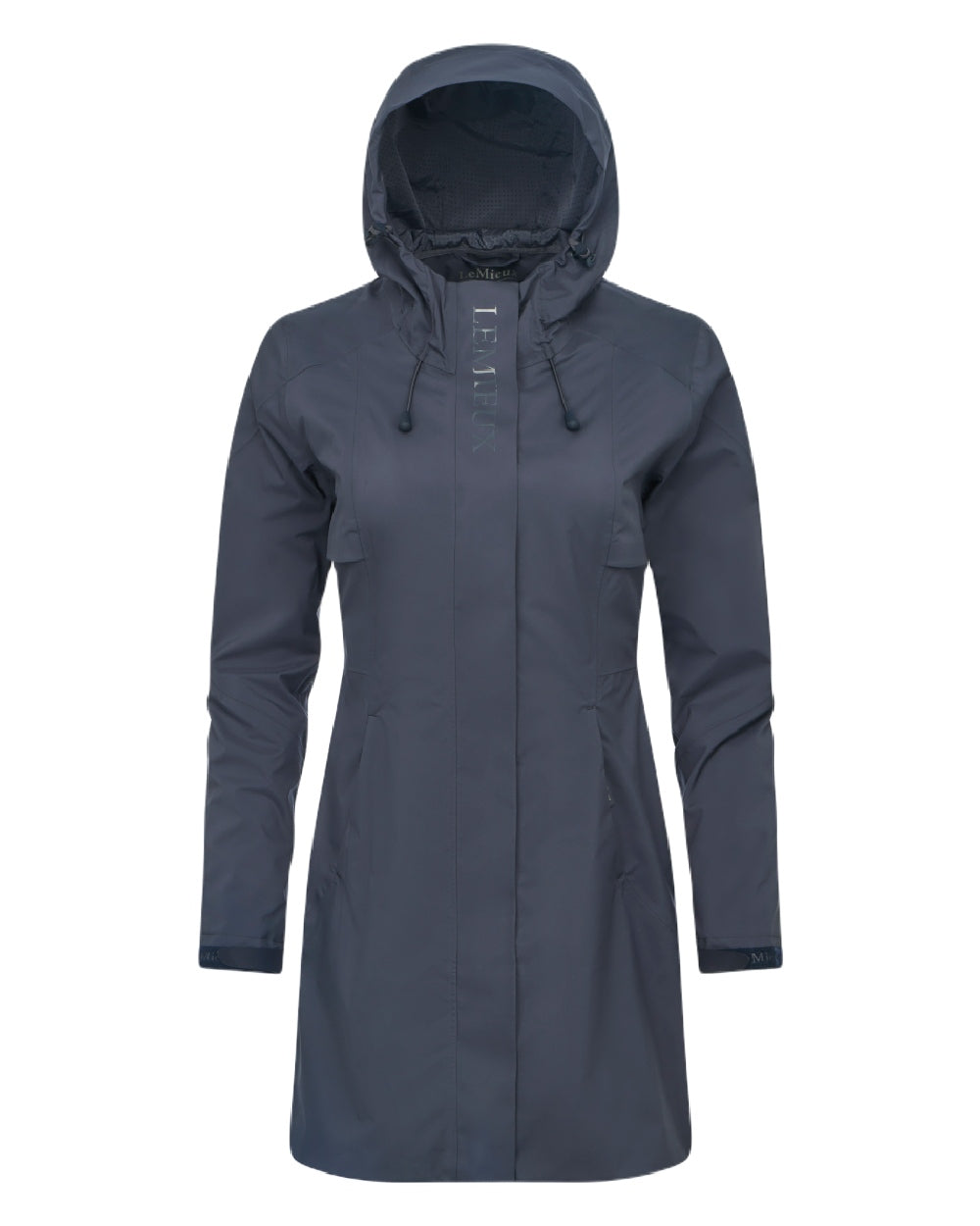 Dusk Blue coloured LeMieux Womens Grace Long Rain Jacket on white background