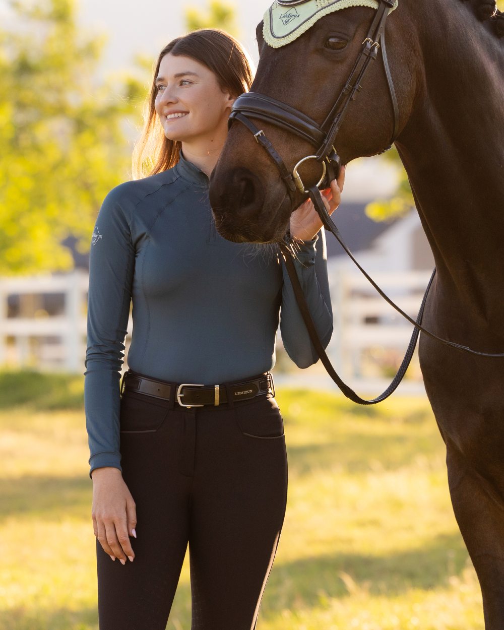 Jungle coloured LeMieux Womens Halle Lightweight Base Layer on outdoor background