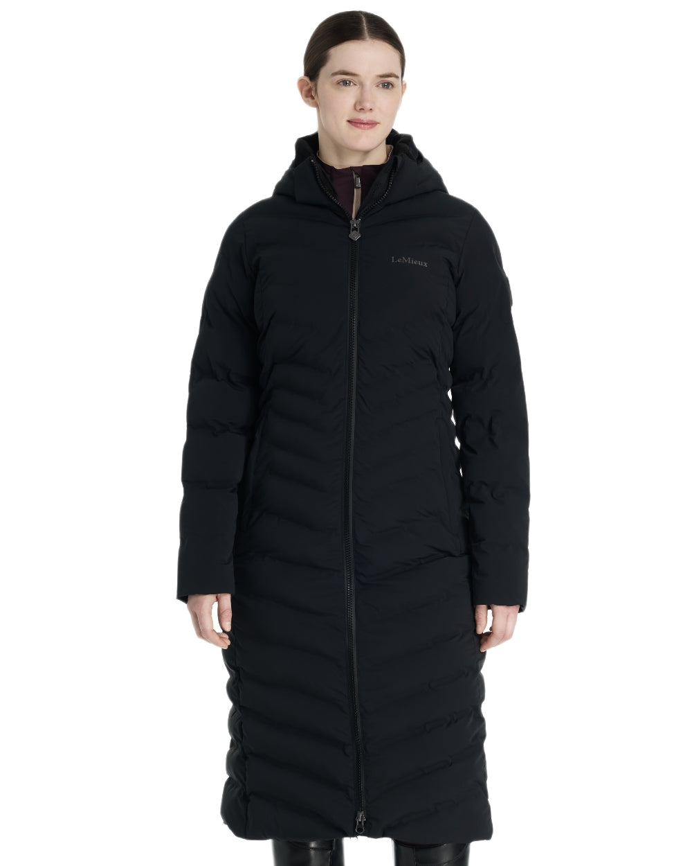 Black coloured LeMieux Womens Hayley Water Resistant Longline Puffer Coat on white background