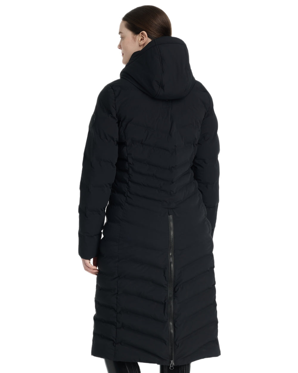 Black coloured LeMieux Womens Hayley Water Resistant Longline Puffer Coat on white background