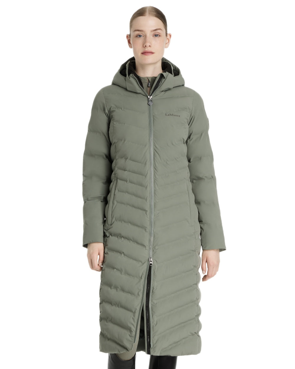 Rosemary coloured LeMieux Womens Hayley Water Resistant Longline Puffer Coat on white background