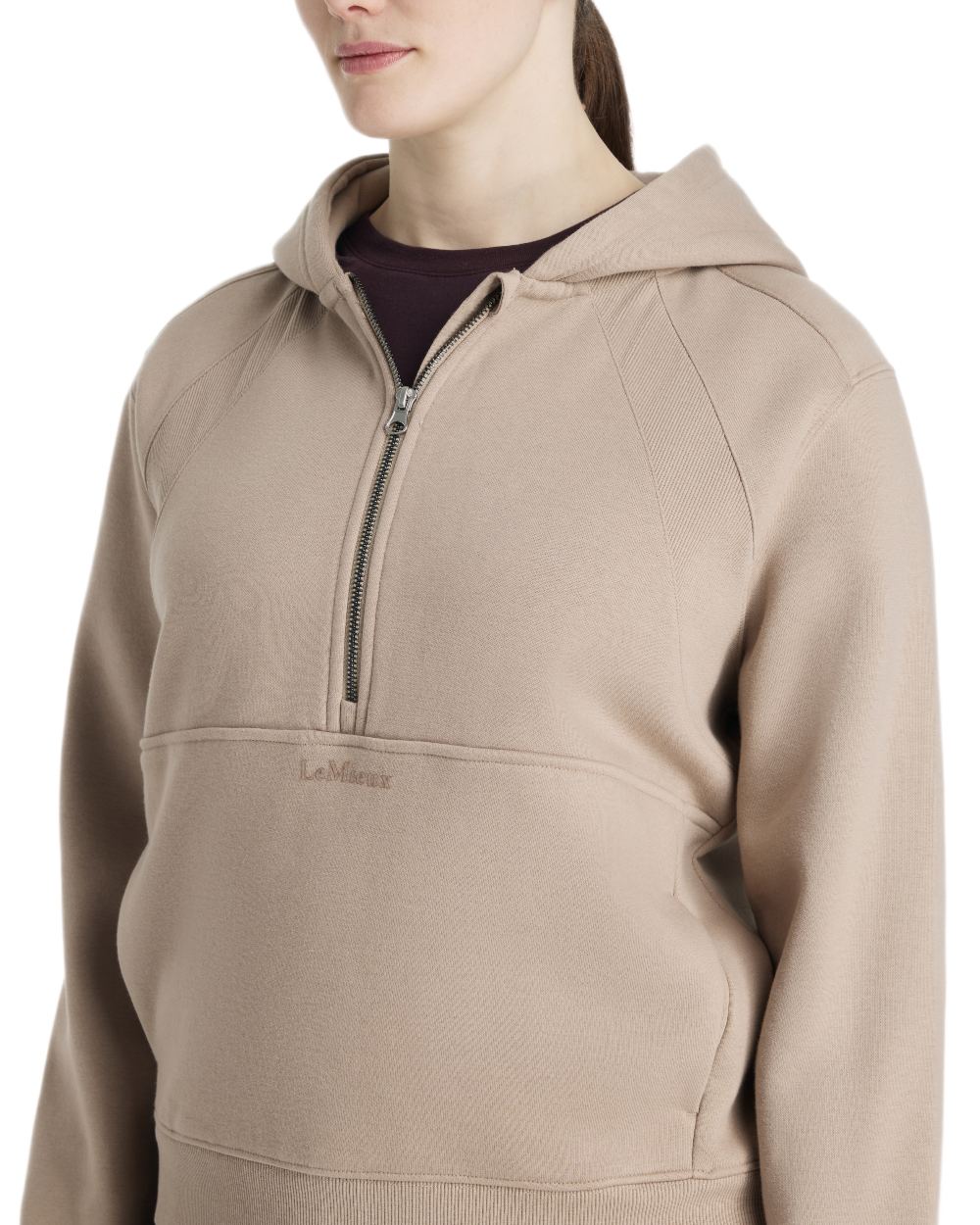 Almond coloured LeMieux Womens Henrietta Half Zip Hoodie on white background