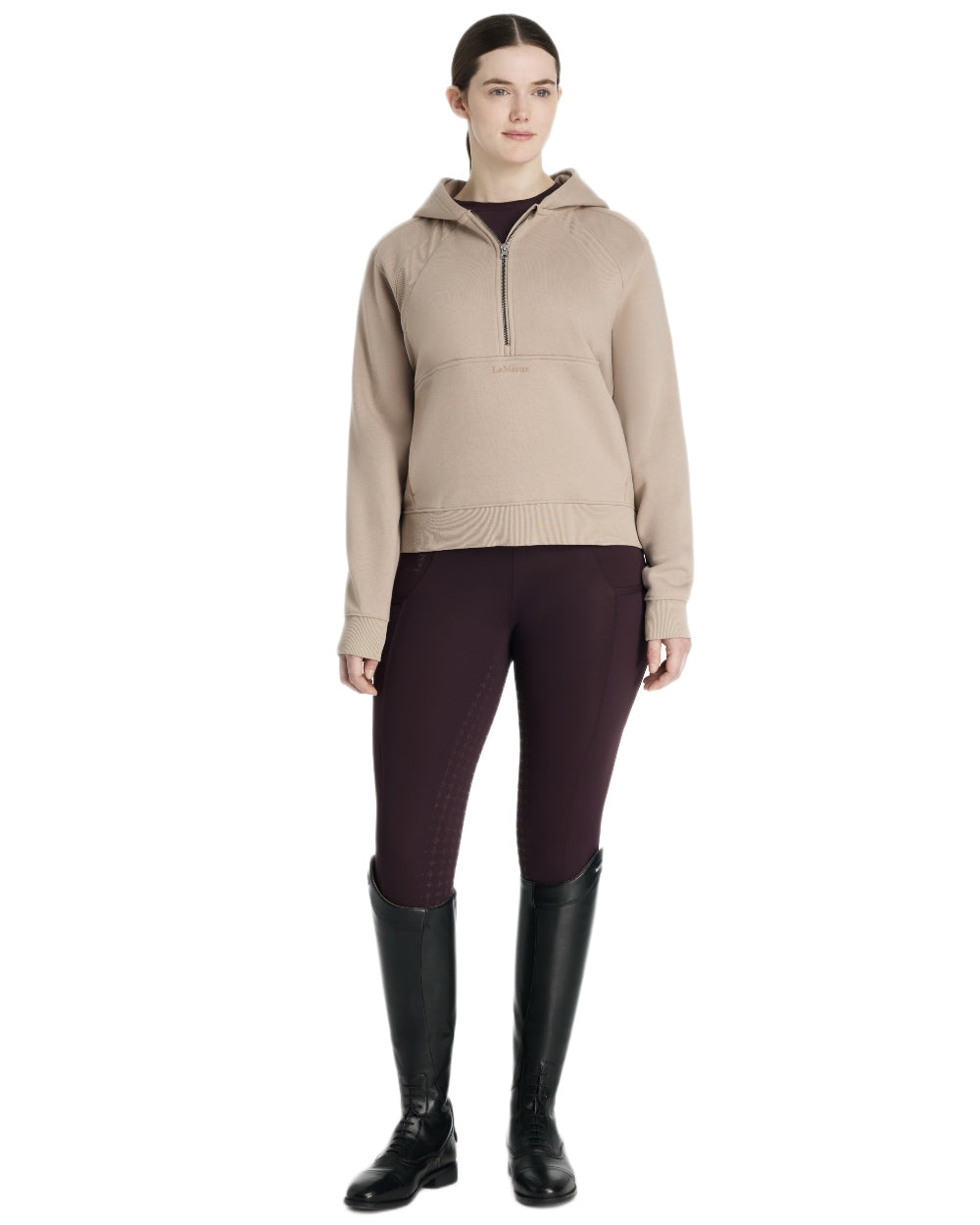 Almond coloured LeMieux Womens Henrietta Half Zip Hoodie on white background