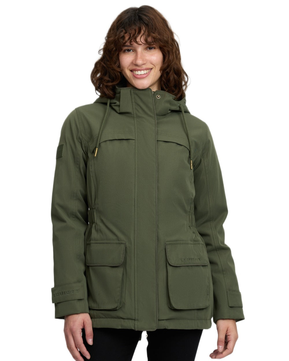 Olive coloured LeMieux Womens Heritage Beatrice Waterproof Coat on white background