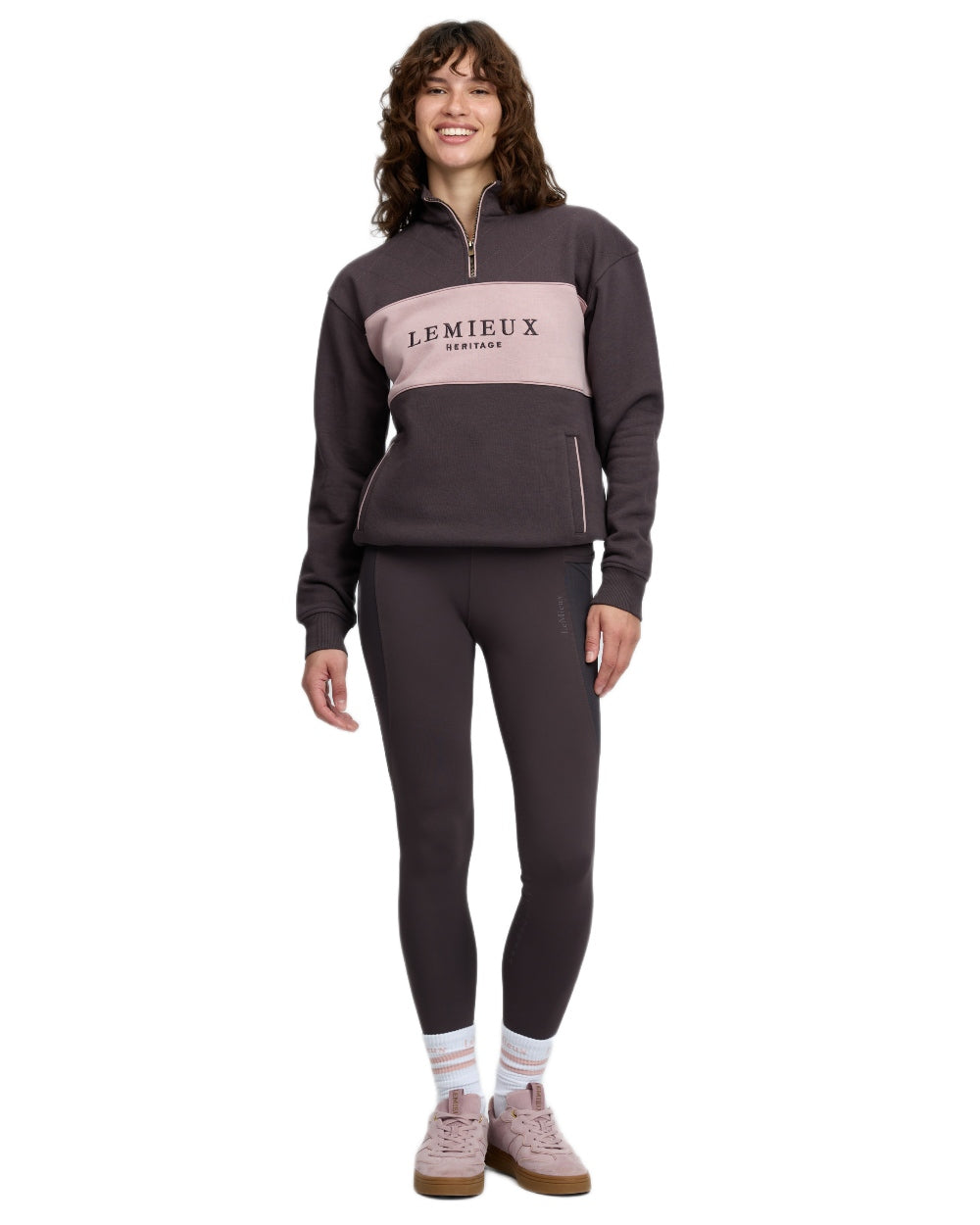 Cocoa coloured LeMieux Womens Heritage Quarter Zip Sweatshirt on white background