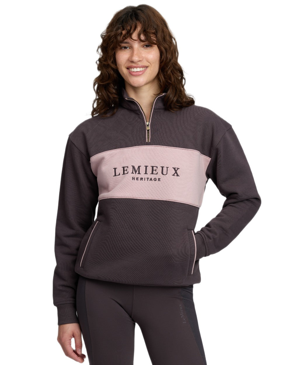 Cocoa coloured LeMieux Womens Heritage Quarter Zip Sweatshirt on white background