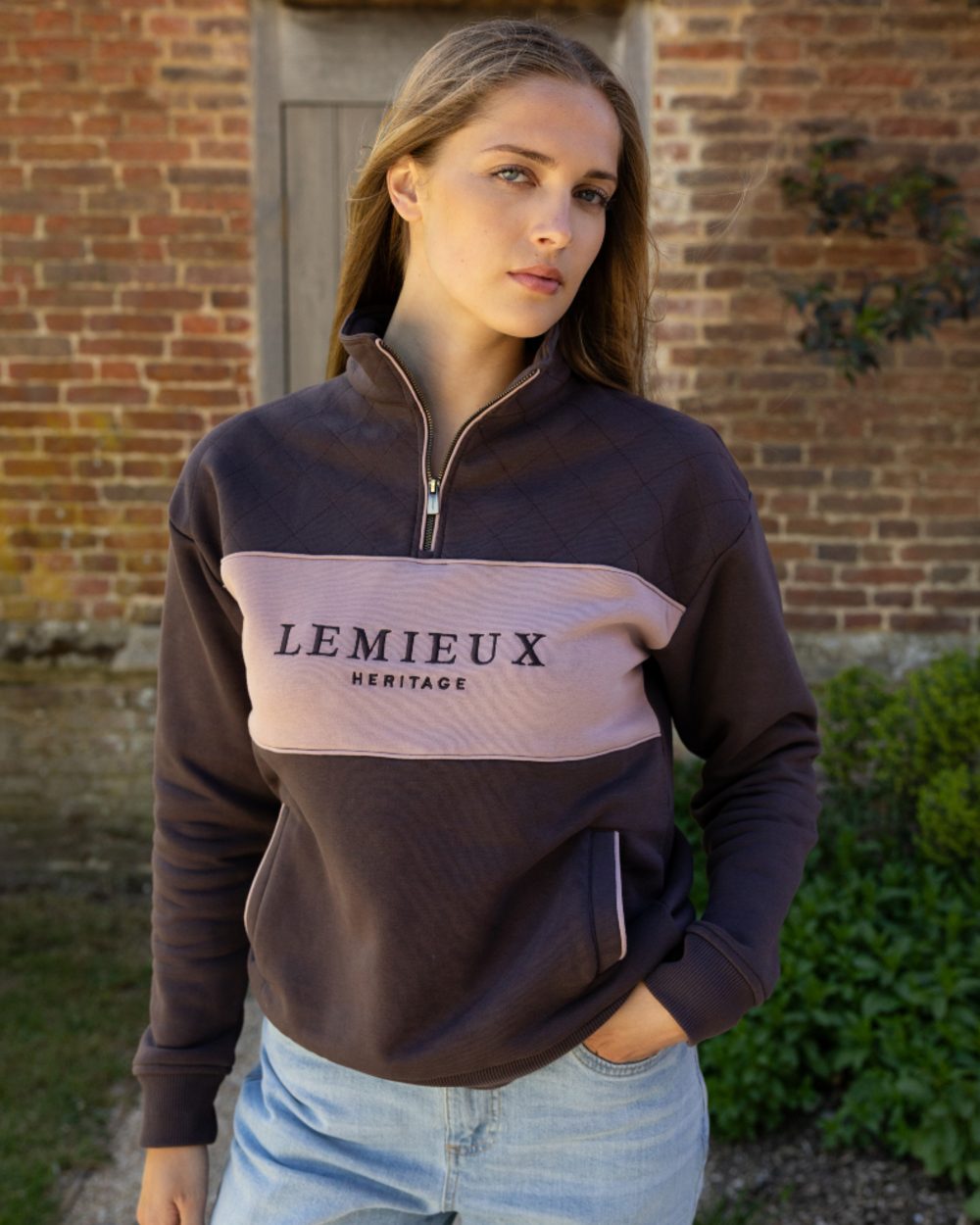 Cocoa coloured LeMieux Womens Heritage Quarter Zip Sweatshirt on outdoor background